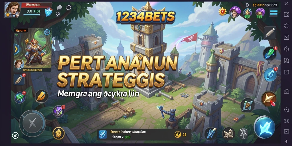 Gameplay seru 1234BETS menunjukkan aksi menara bertahan dari gelombang musuh.