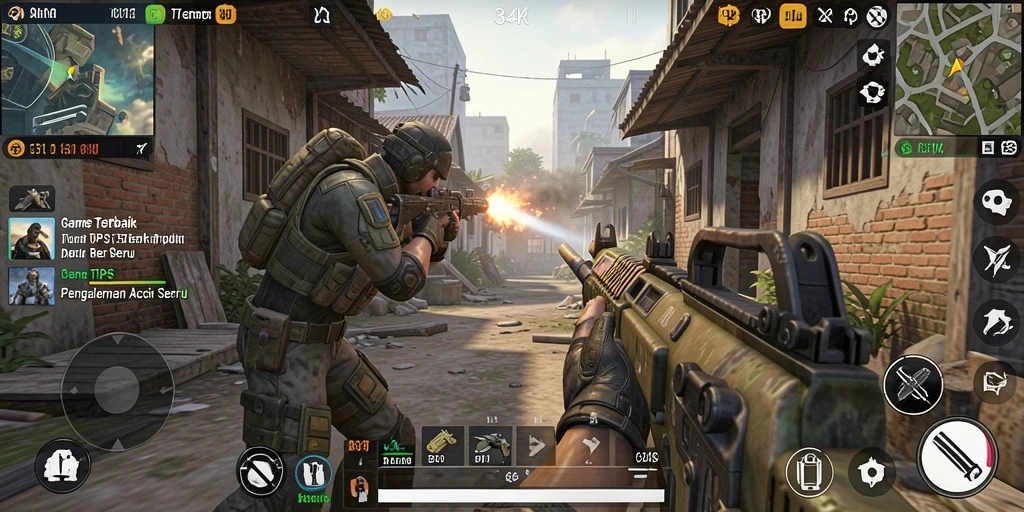 Tampilan gameplay menegangkan dari 34R dengan pertempuran di medan perang.