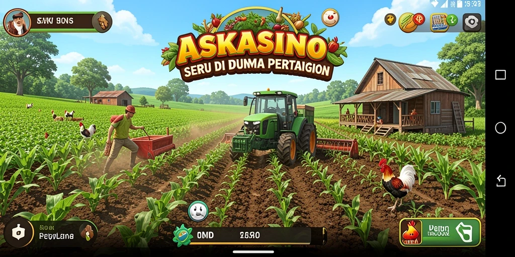 Screenshot gameplay ASKASINO menampilkan lahan pertanian yang subur dan penuh warna.