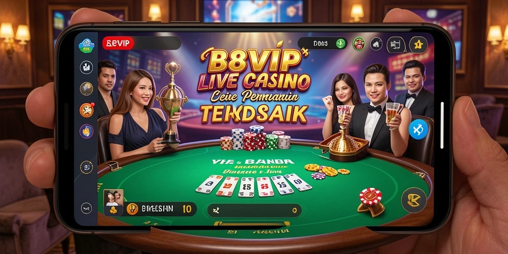 Screenshot gameplay Live Casino B8VIP menampilkan dealer dan meja permainan.