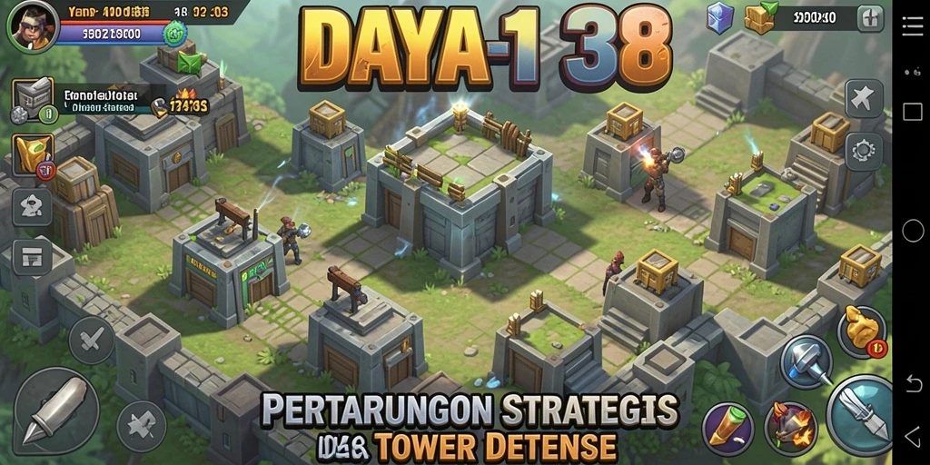 Demo gameplay <strong>DAYA138</strong> menunjukkan menara dan musuh yang berstrategi.
