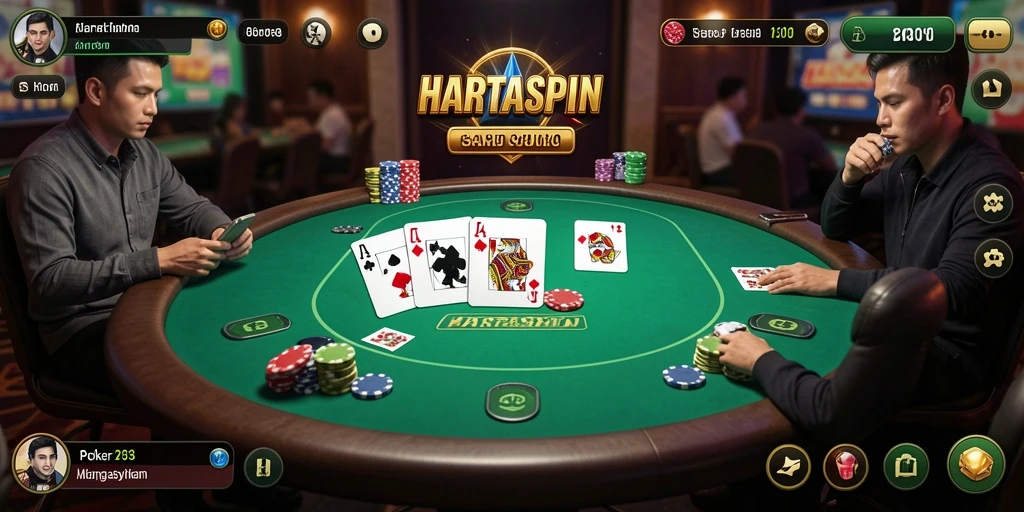 Screenshot utama HARTASPIN menampilkan suasana permainan poker yang mendebarkan.