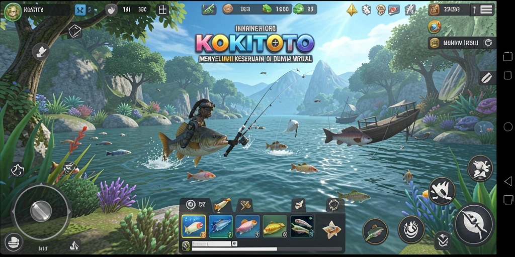 Tangkapan layar gameplay KOKITOTO dengan suasana memancing yang menenangkan.