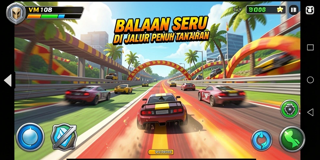 Screenshot menampilkan aksi balapan seru di lintasan VM108.